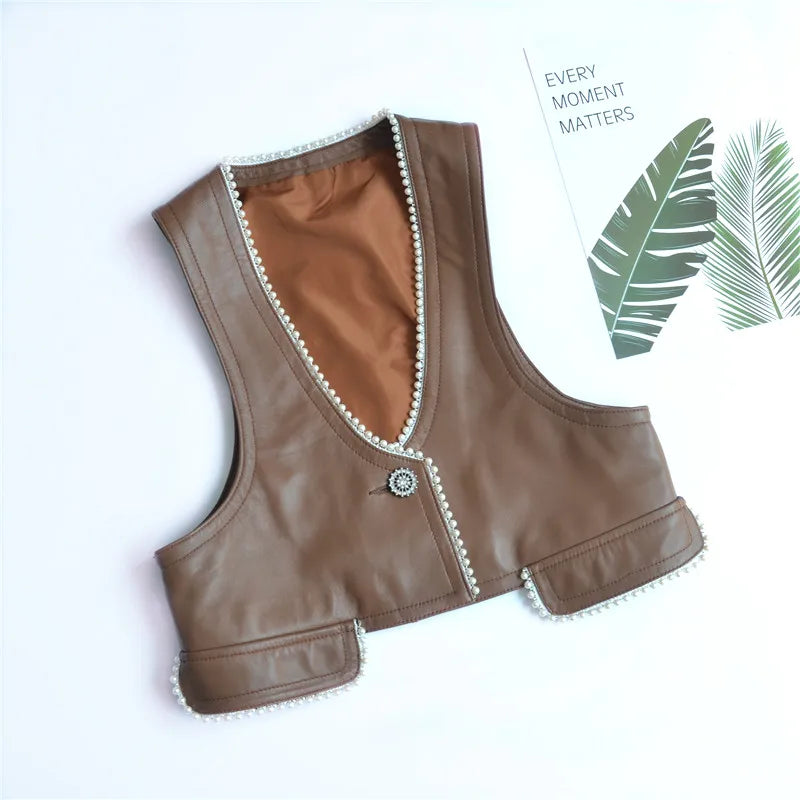 Sleeveless Leather Jacket Spring Autumn Women Real Sheepskin Pearls Decoration Slim Black/Coffee Short Vest Trend Chaleco Mujer