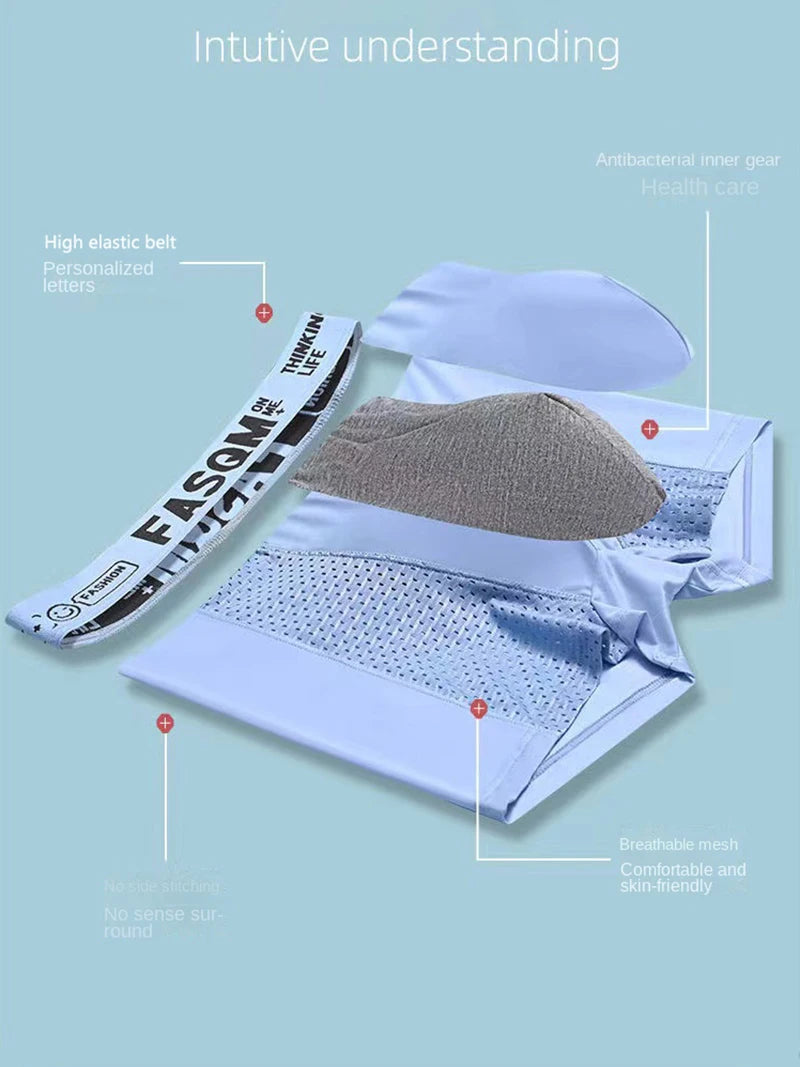 1pcs Mesh Ice Silk Boxer Shorts Men's Underwear FASQM Underpants Breathable Sexy Slim Panties Bamboo Lingerie Plus Size L-6XL