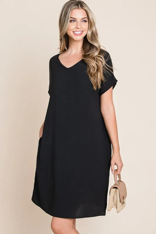 BOMBOM V-Neck Short Sleeve Dress with Pockets