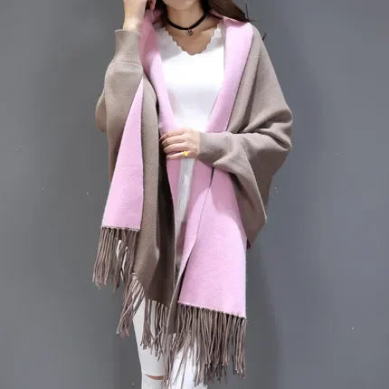New Colors Black Women Outstreet Loose Knitwear Capes Solid Autumn Winter Knitted Batwing Sleeves Long Poncho Female Tassel Coat
