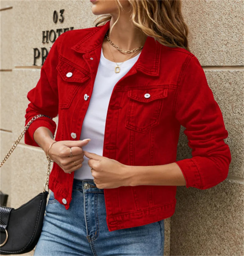 New Women Short Denim Jackets Fashion Female Casual Long Sleeve Lapel Solid Button Pocket Slim Jean Jacket Fall Winter Coat