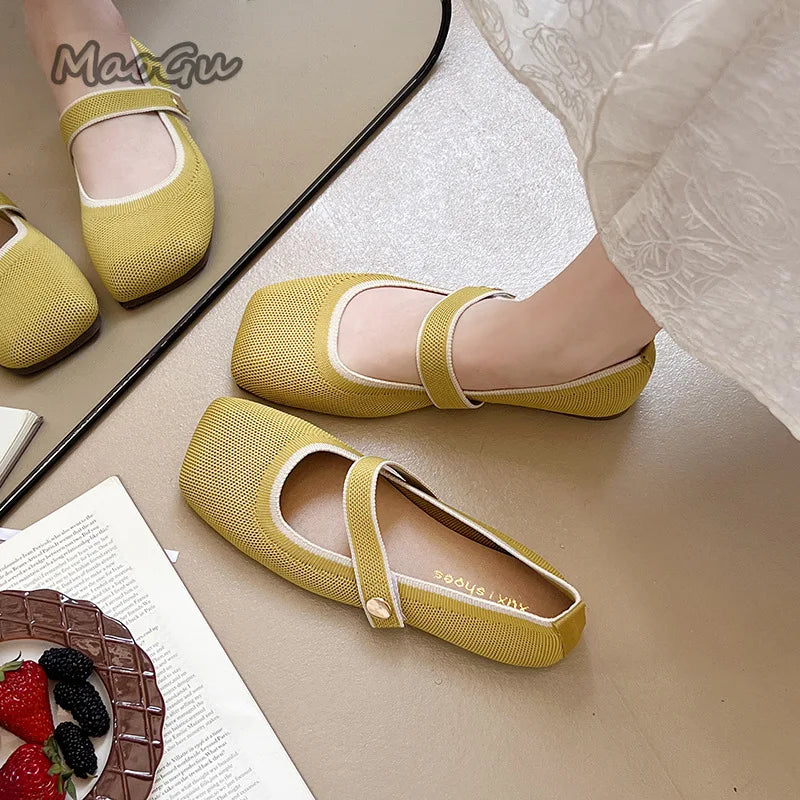 New Women's Single Shoes Fashion Square Toe Comfortable Mesh Flat Loafers Buckle Strap Woven Shoes Breathable Casual Soft Sole