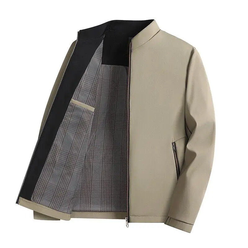 A stylish, cool and versatile solid color casual and trendy business jacket with a stand-up collar for senior dads