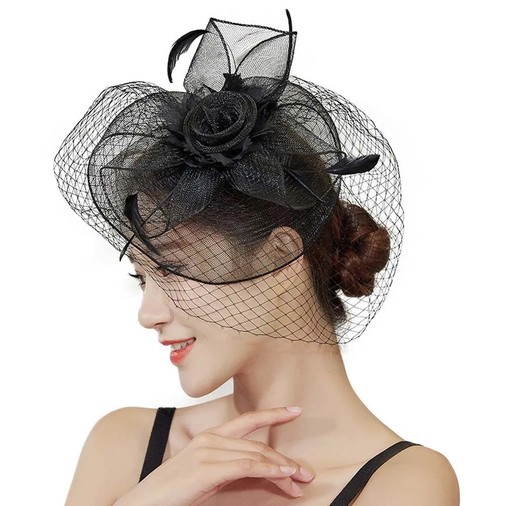 Fashion Feather Mesh Fascinator Hat Bow Elegant Veil Hat Headwear Hair Hoop Headdress Bride Headband Wedding