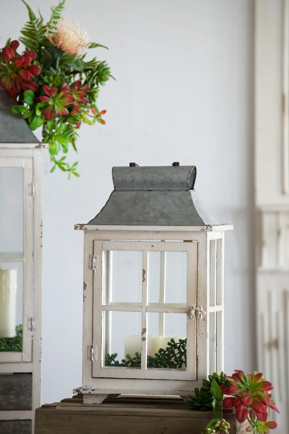 Set of 2 Ivory Wood & Metal Hurricane Candle Lanterns