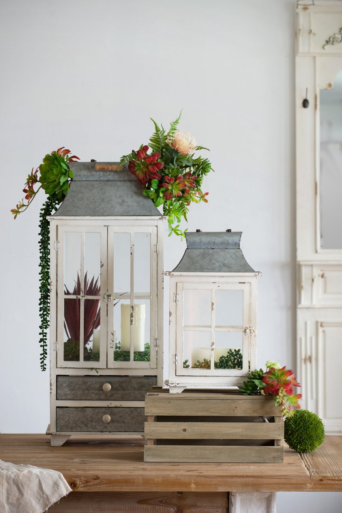 Set of 2 Ivory Wood & Metal Hurricane Candle Lanterns