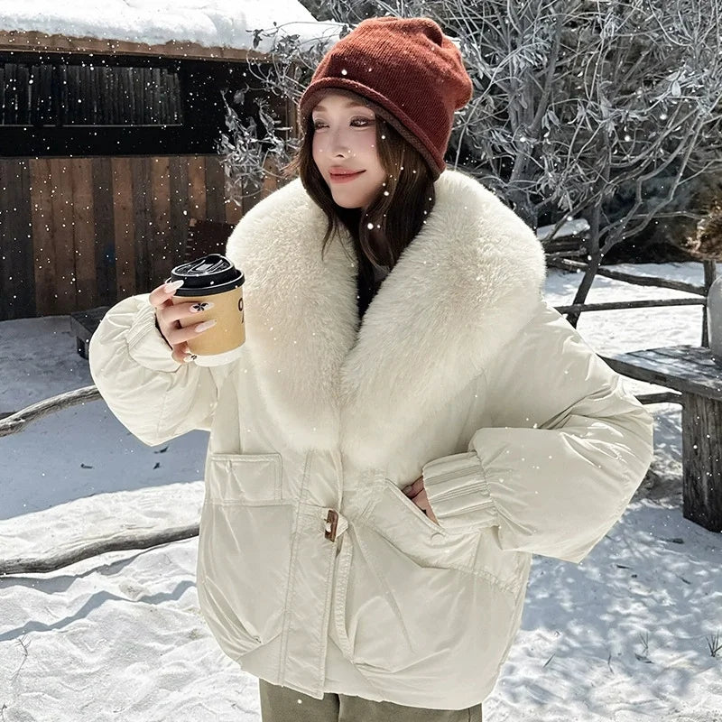 Winter Women Down Cotton Coat Street Imitation Fur Collar Hooded Short Cotton Padded Jacket Female Basic Snow Warm Overcoat 2025
