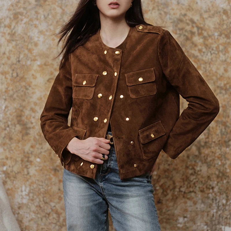 Coffee Vintage Cow Suede Jacket Spring Autumn Women Double Breasted O-Neck Straight Loose Short Leather Coats Jaqueta Feminina