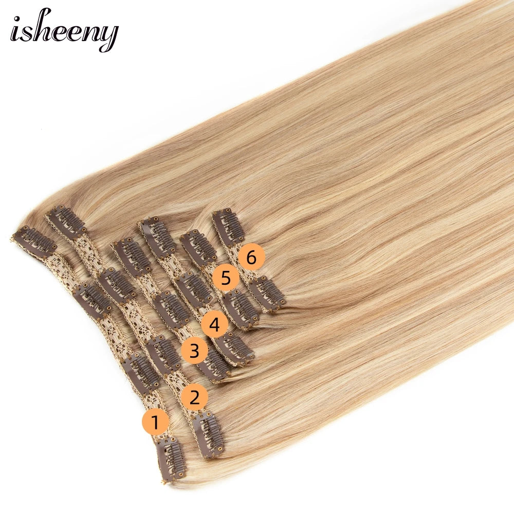 isheeny 140-240G Blonde Brazilian Machine Remy Straight Clip In Human Hair Extensions Full Head 6pcs/set 14-24 Inch Volume Hair