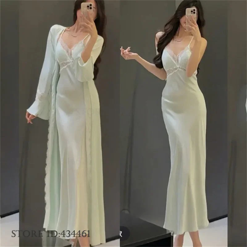 Sexy Women's Nighty&Robe Set Long Kimono Bathrobe Gown Spring Summer New Sleepwear Home Dress Satin Backless Nightgown Lingerie
