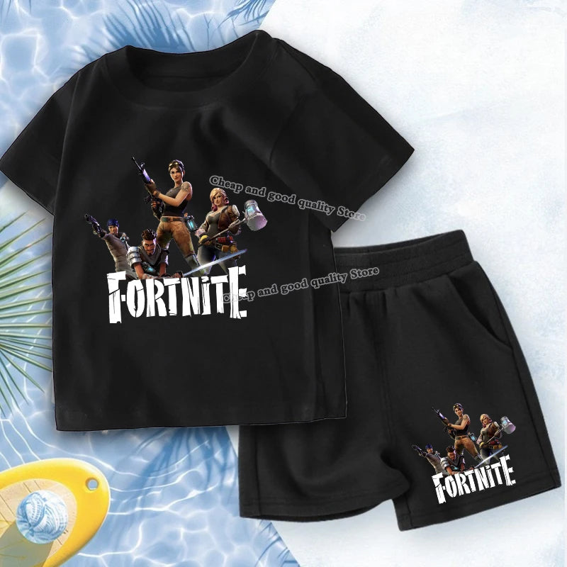 FORTNITED Anime Boy Summer T-shirt Set Kid Cotton Clothes 2pcs Short Baby Tops +Shorts Set Tee Sport Tracksuit Summer Outfits
