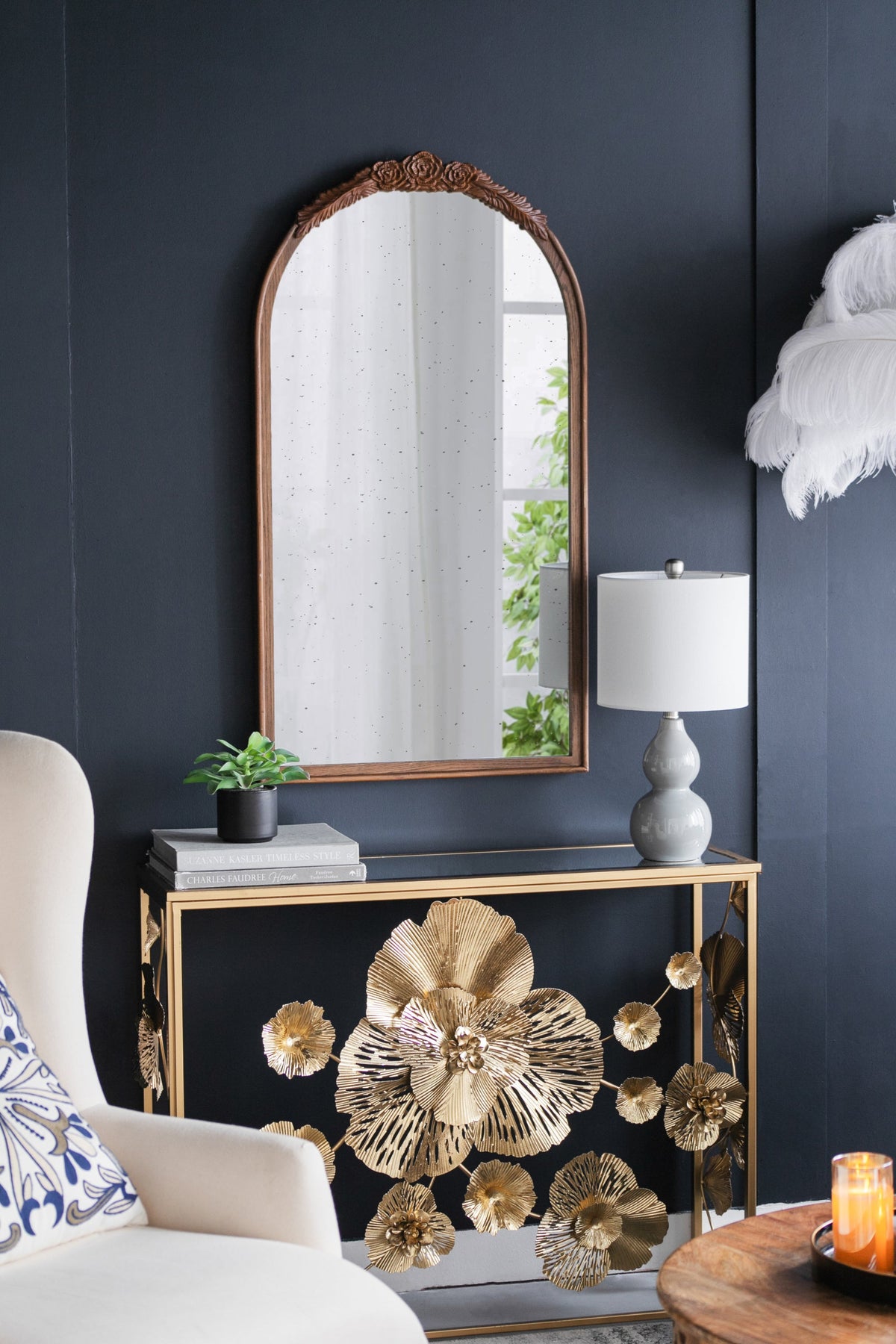 Hand-Carved Rose Arched Wall Mirror, Available in 2 Colors