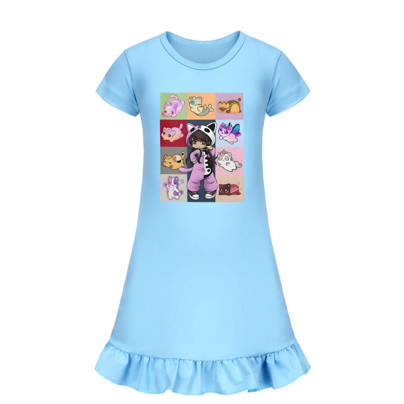 Kids Anime Aphmau Cat Summer Sleepdress Short Sleeve Baby Girls Casual Cartoon Nightgown Daily Wear Clothes for Children