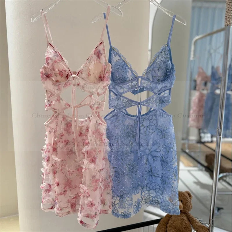 Sexy Spaghetti Strap Mini Homewear Women Sweet Floral Lingerie Hollow Out Lace Bandage Nightgown Sleepweawr Nightwear