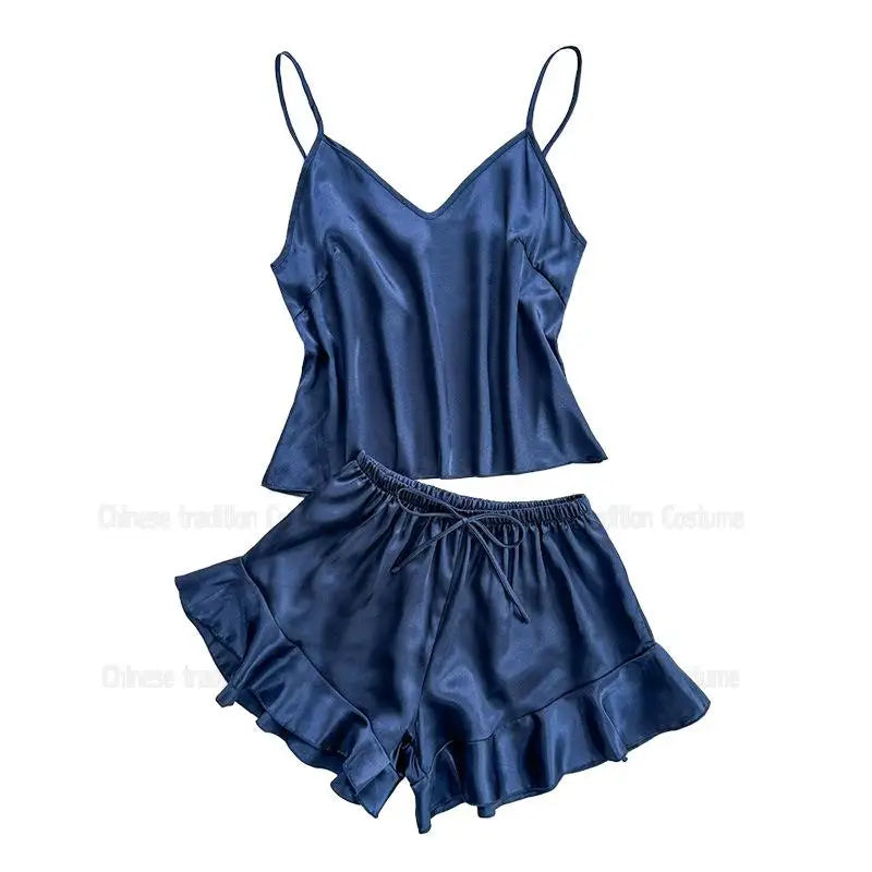 Fashion Strap Top Shorts Women Ice Silk Pajamas Suit 2Pcs Sexy Lingerie Suit Underwear Summer New Home Clothes Loungewear
