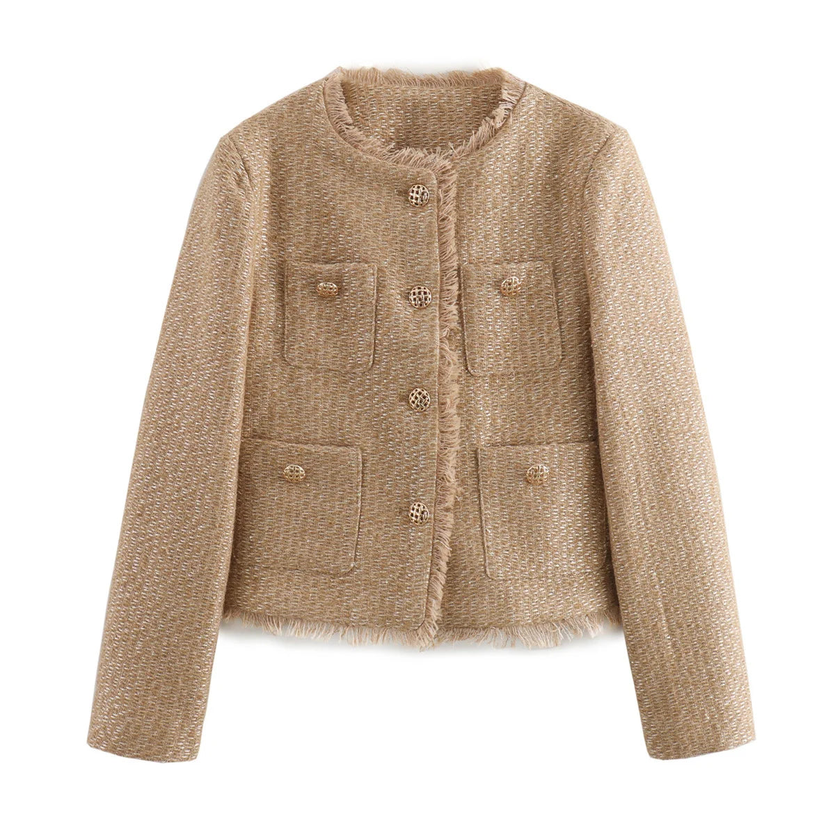 Women Elegant Tweed Cropped Jacket Autumn Button Frayed Long Sleeve Jackets 2024 Female Fashion O-neck Pocket Short Coats