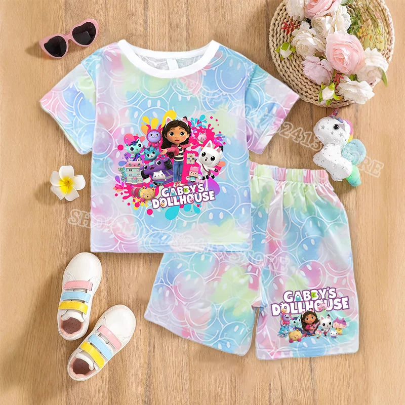 2pcs Gabby Dollhouse Sets Summer Breathable Sweat Absorbent Kids Clothes Baby Girls Kawaii anime Smile Short Sleeve Thin Suit