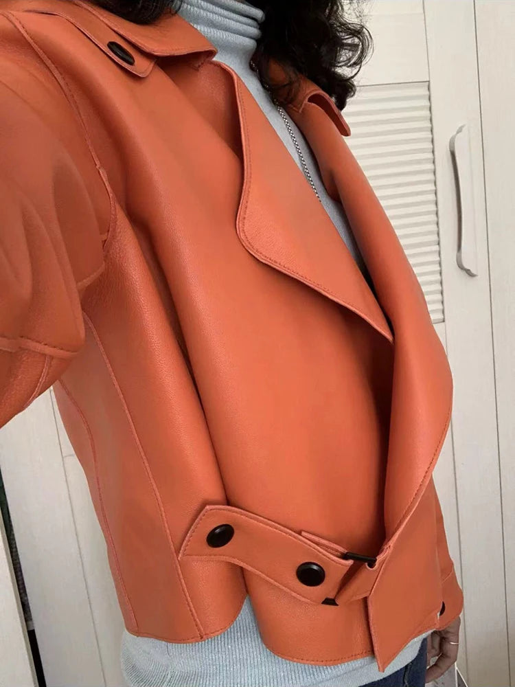 Women's Sheepskin Coat Plus Size Short Loose Veste Femme Large Lapel Pocket Gray/Dark Green/Pink/Khaki Locomotive Leather Jacket