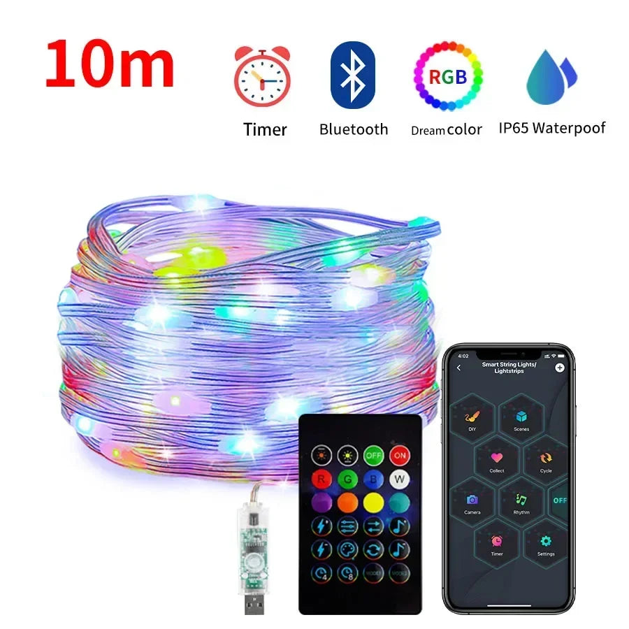10M Fairy Led Lights Dream Color Smart Bluetooth String Light RGBIC DIY Christmas Tree Lights for Garden Party Wedding Decor
