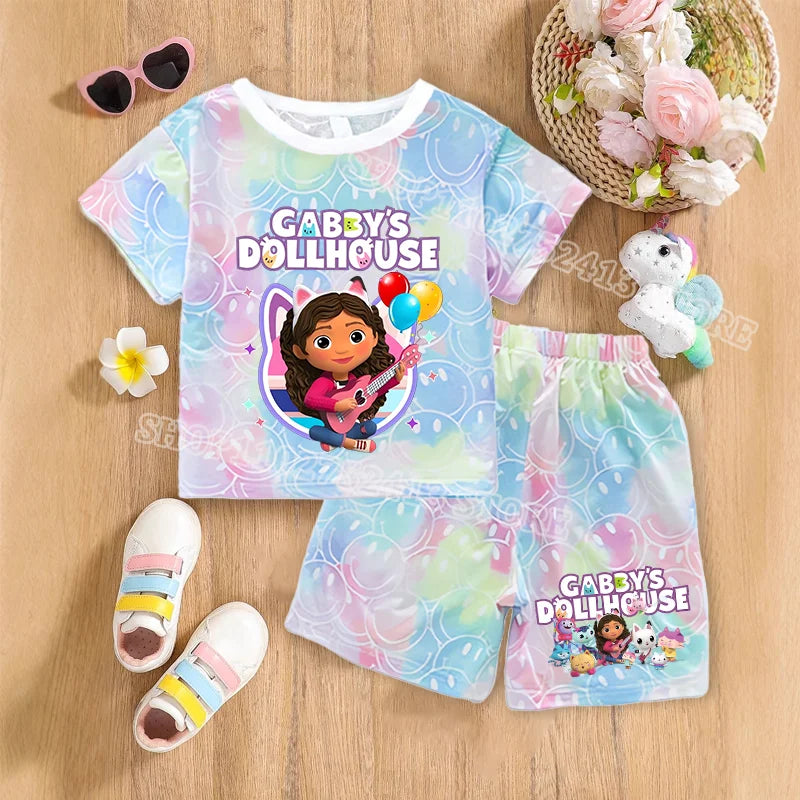 2pcs Gabby Dollhouse Sets Summer Breathable Sweat Absorbent Kids Clothes Baby Girls Kawaii anime Smile Short Sleeve Thin Suit