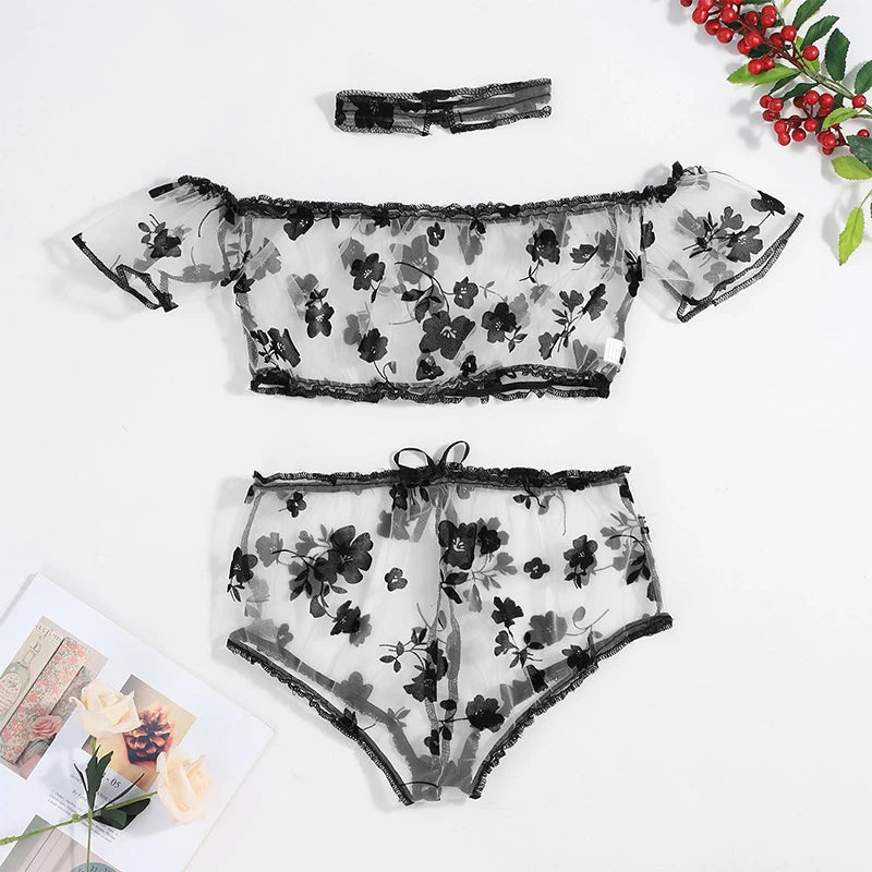 Delicate And Pretty Lace-up Traf And Thong Pajama Set Sexy Sleepwear Babydoll Nightdress Short Sleeve Floral Lingerie Underwear
