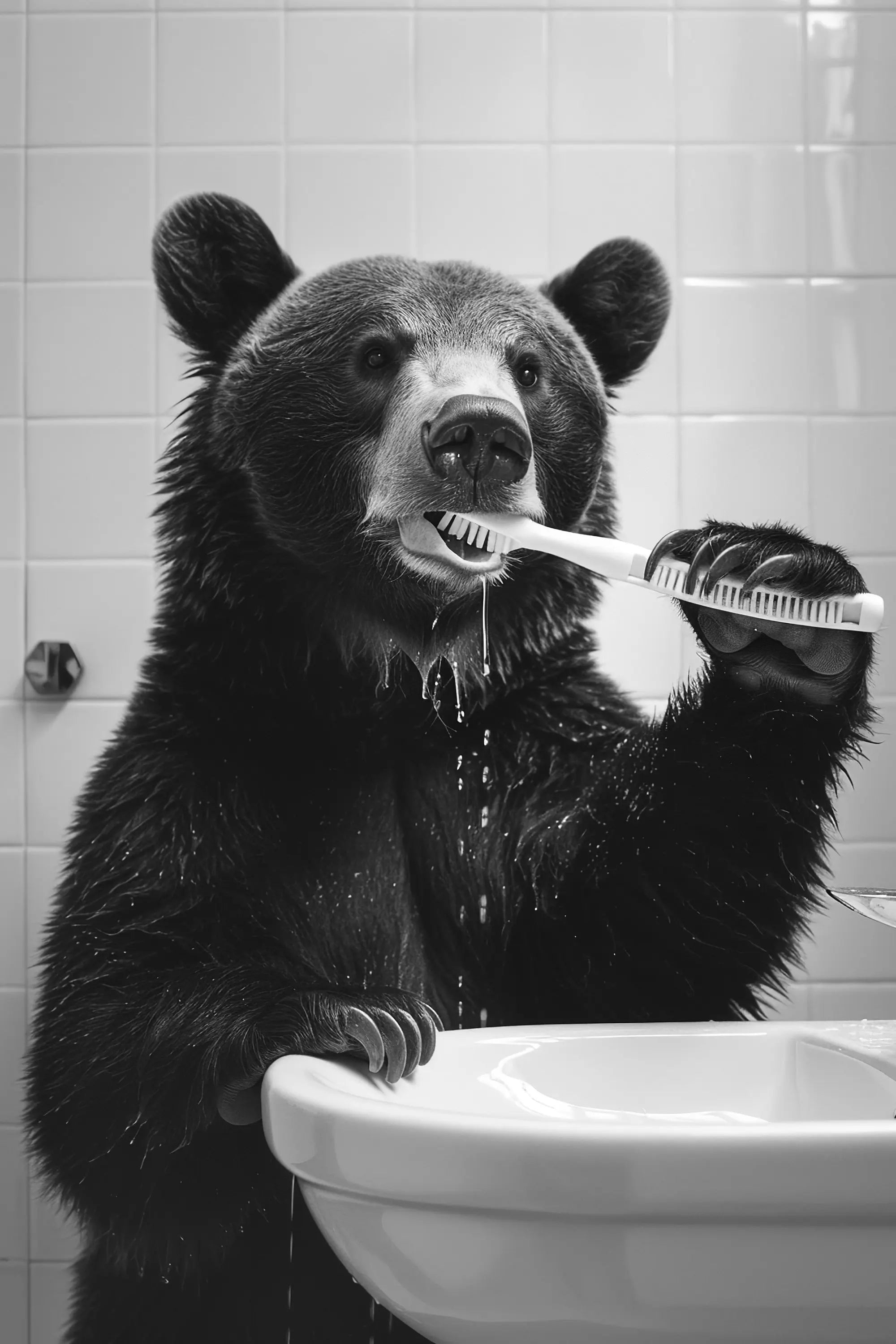 Black And White Cartoon Abstract Cute Animals Duck Hippo Panda Alpaca Brush teeth Posters Canvas Prints Art Home Room Wall Decor