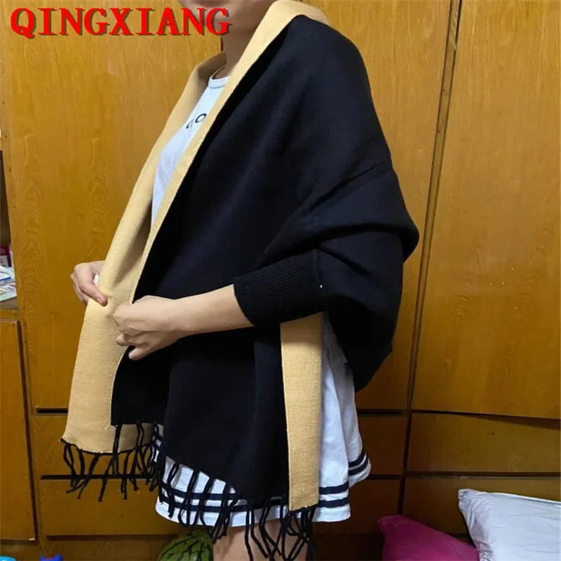 New Colors Black Women Outstreet Loose Knitwear Capes Solid Autumn Winter Knitted Batwing Sleeves Long Poncho Female Tassel Coat