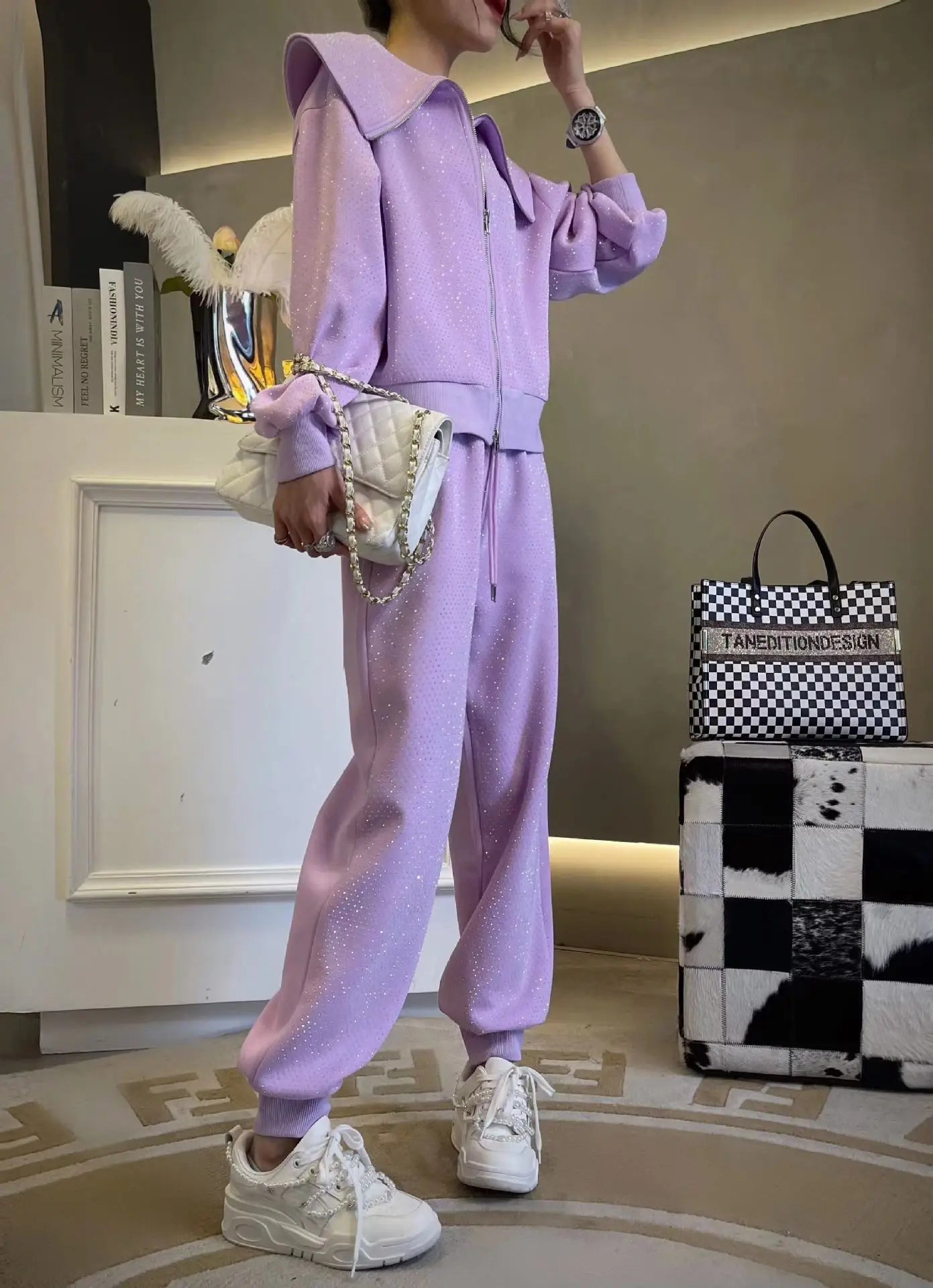 Spring 2023 Hot Drilling Sports Tracksuit Women Doll Collar Sweet Pink Cardigan Coat Outerwear Casual Sweatpants Two-Piece Sets