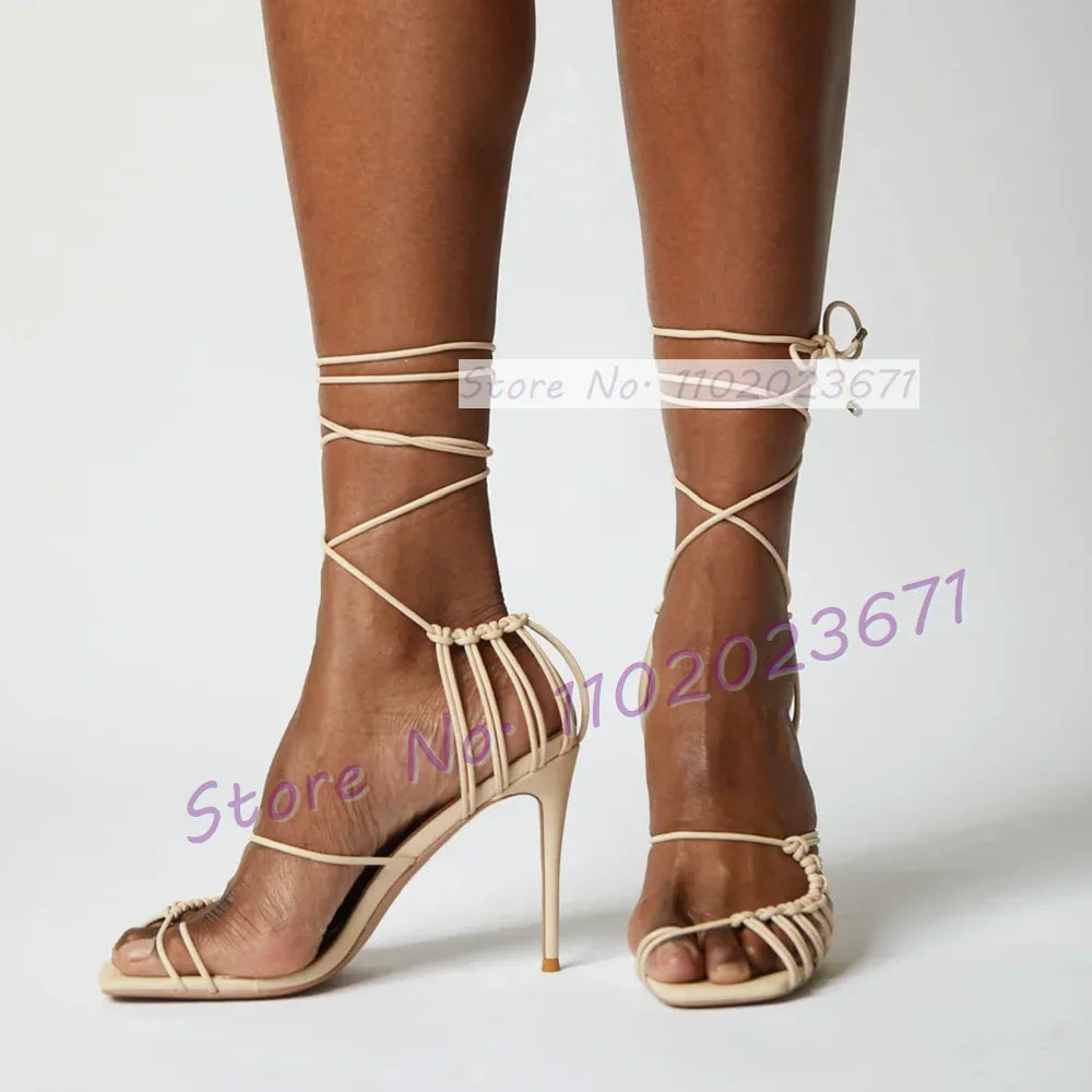 Chic Corded Lace-up Caged Sandals Women Sexy Square Toe Thin High Heels Cross Strap Dress Shoes Ladies Summer Strappy Sandals