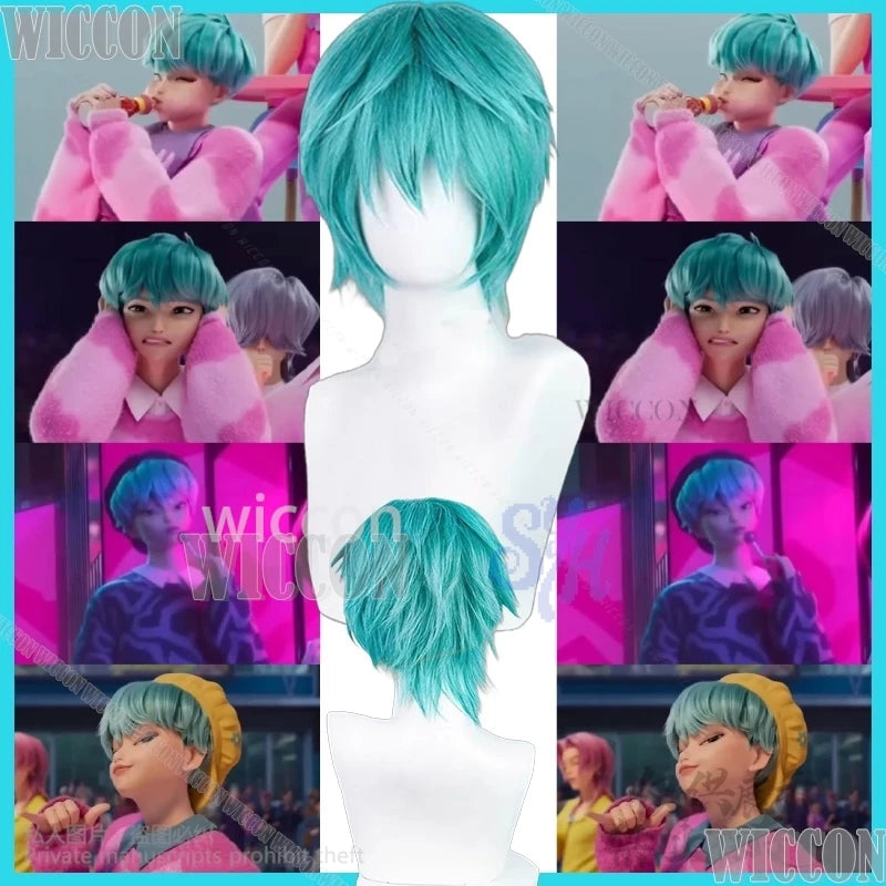 Anime Movie Demon Hunters Saja Boy Cosplay Baby Kpop Group Y2K Fashion Wig Heat Resistant Halloween Short Blue Green Hair Cos