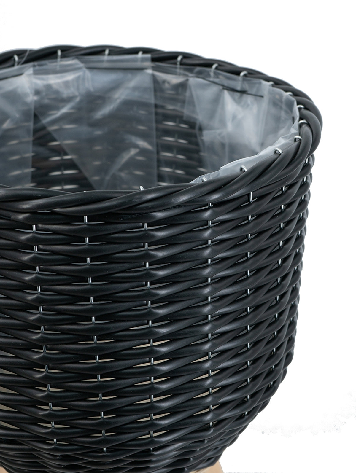 Set of 3 Black Woven Rattan Basket Planters on Wood Legs