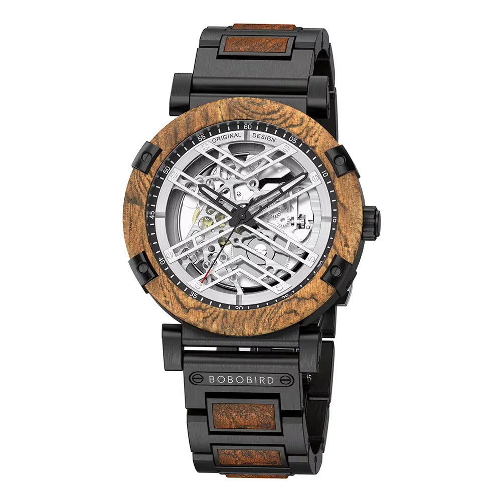 Men Watch BOBO BIRD Wooden Automatic Mechanical Watch Metal Wristwatch Top Fashion Business Clock Custom Gift Box reloj hombre