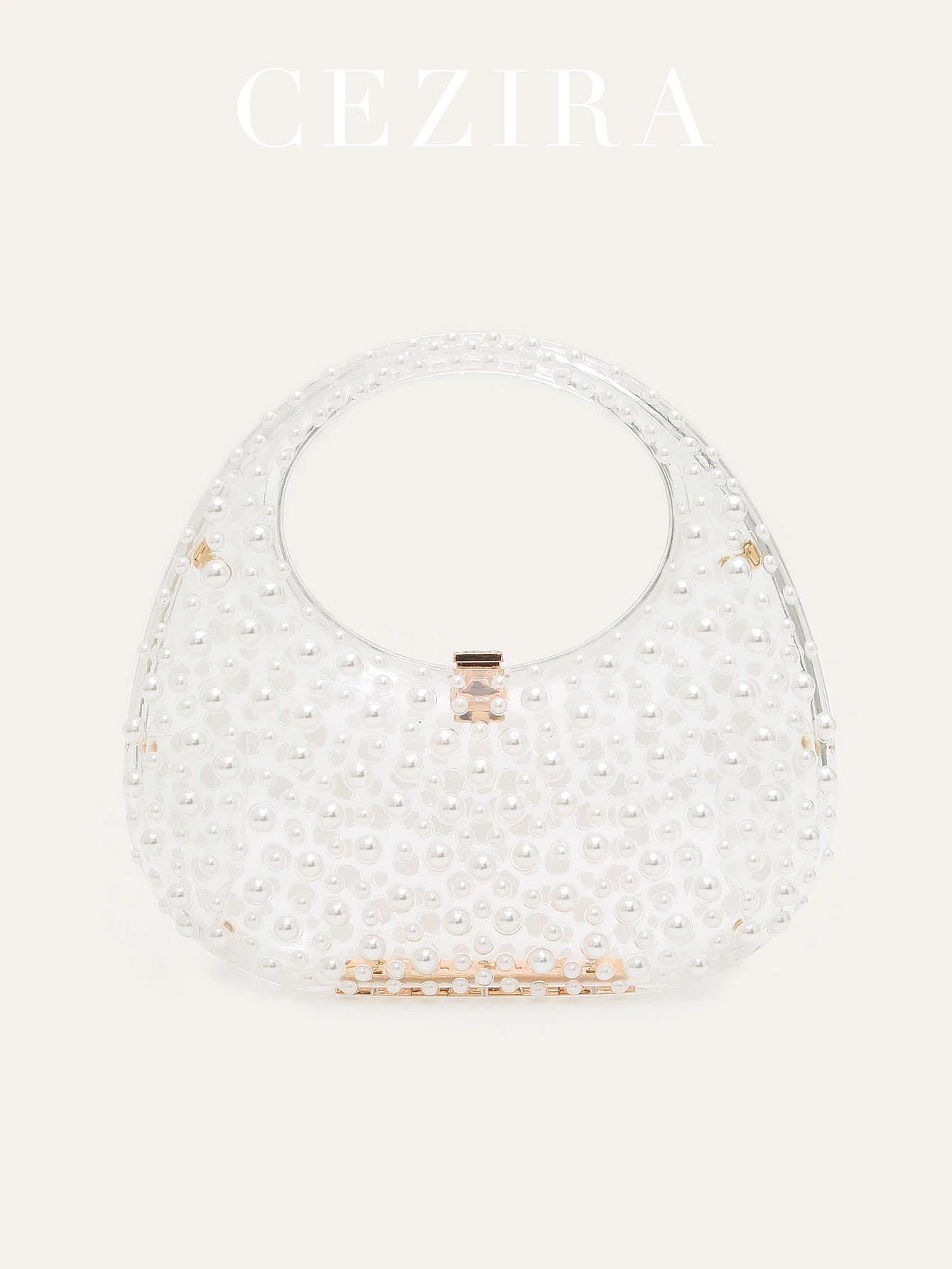 CR Women's Romantic Elegant Clear Acrylic Top-handle Bag Luxury All Over Pearls Long Chain Evening Purse Bride Handbag Wedding