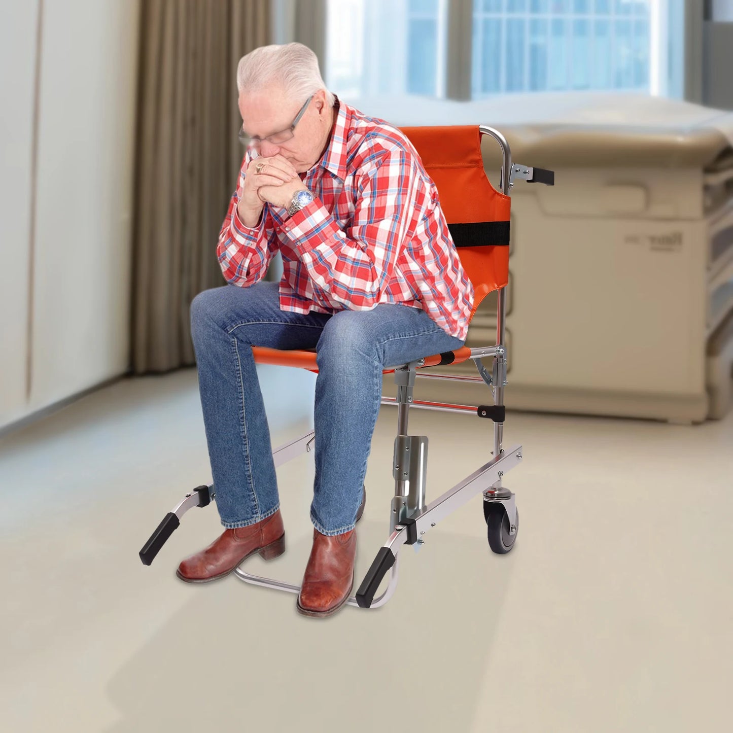 Bymaocar Foldable Two Wheeled Stair Chair Without Brakes, Orange Portable Aluminum Elderly and Patient Care Chair with Handles