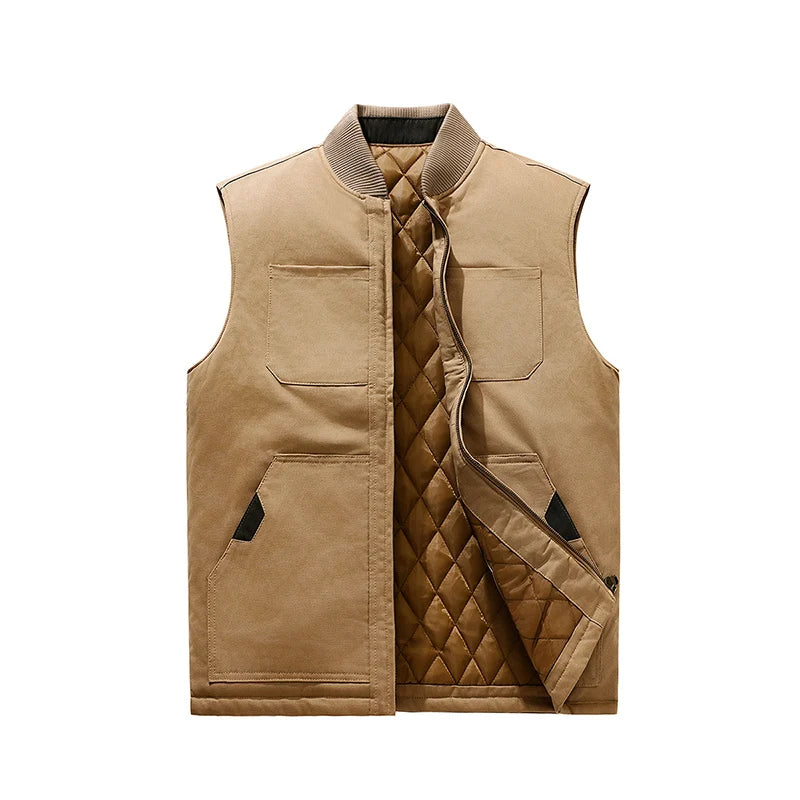 Autumn Winter Thickened Down Cotton Vest Men's Loose Fit Warmth Sleeveless Jacket New Stand Collar Jacket Outdoor Workwear Vest