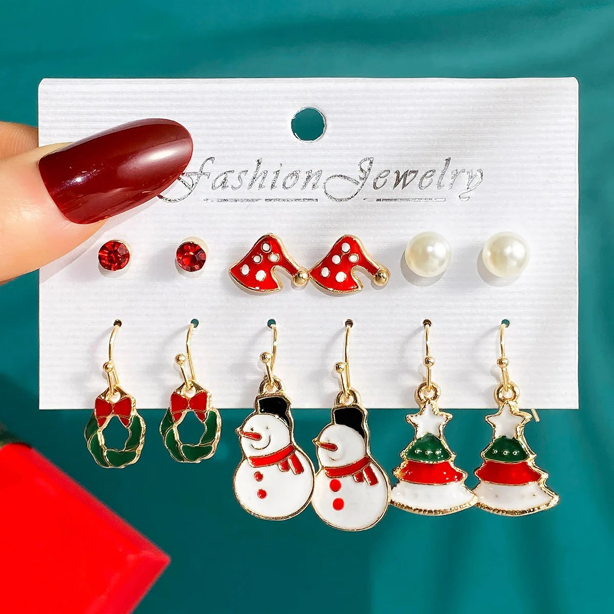 6 Pairs New Christmas Set Cross border Hot Selling Cartoon Dripping Oil Elk Santa Claus Christmas Tree Earrings for Women