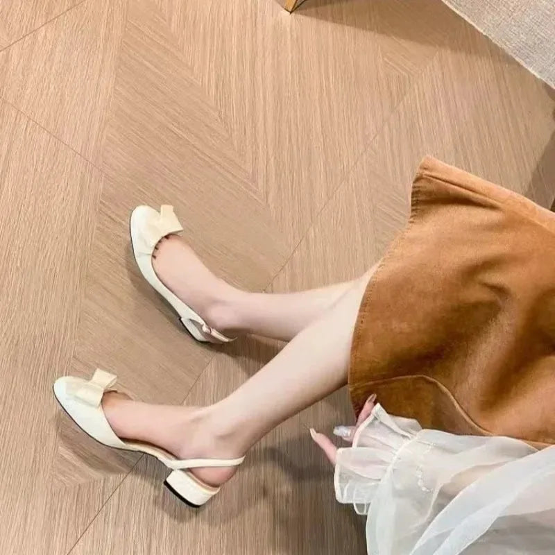 Large Size Comfort Shoes for Women 2025 Sandals Square Toe French Block Heel Single Shoes Bow 2025 New Women's High Heel Sandals