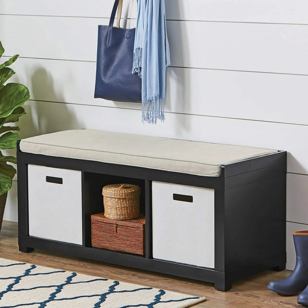 Indoor Storage Bench with 3 Cube Compartments Stylish Cushioned Seating Organizer Living Room Mudroom Hallway