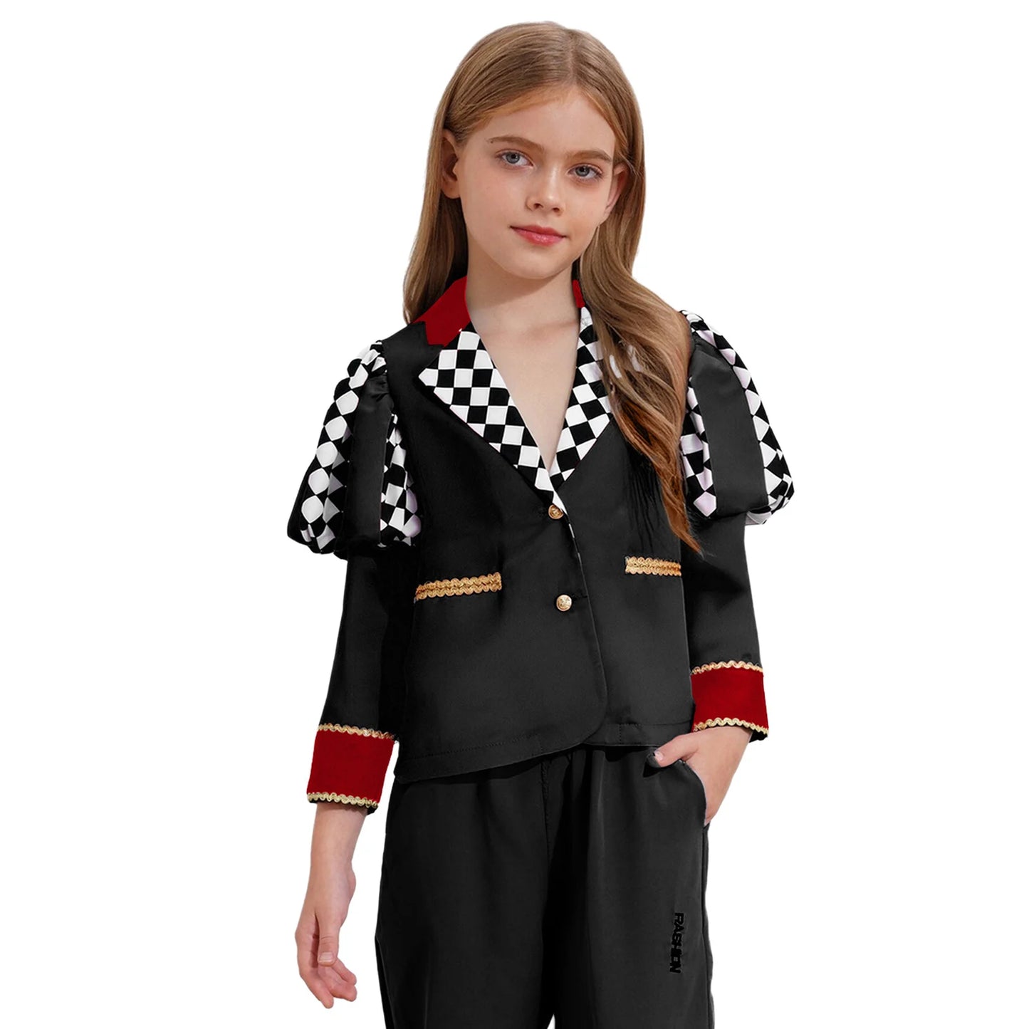 Kids Girls Queen Circus Cosplay Costumes Gold Webbing Puff Sleeve Front Buttons Halloween Carnival Themed Party Coat Outwear