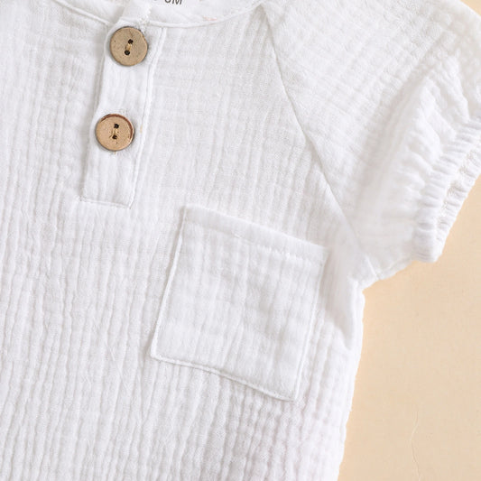 Baby Solid Color Clothes Set Short-sleeved Crew Neck Chest Pocket Jumpsuit Romper with Lace Hat for Summer