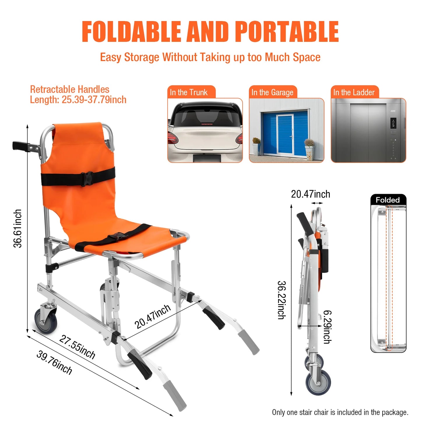 Bymaocar Foldable Two Wheeled Stair Chair Without Brakes, Orange Portable Aluminum Elderly and Patient Care Chair with Handles