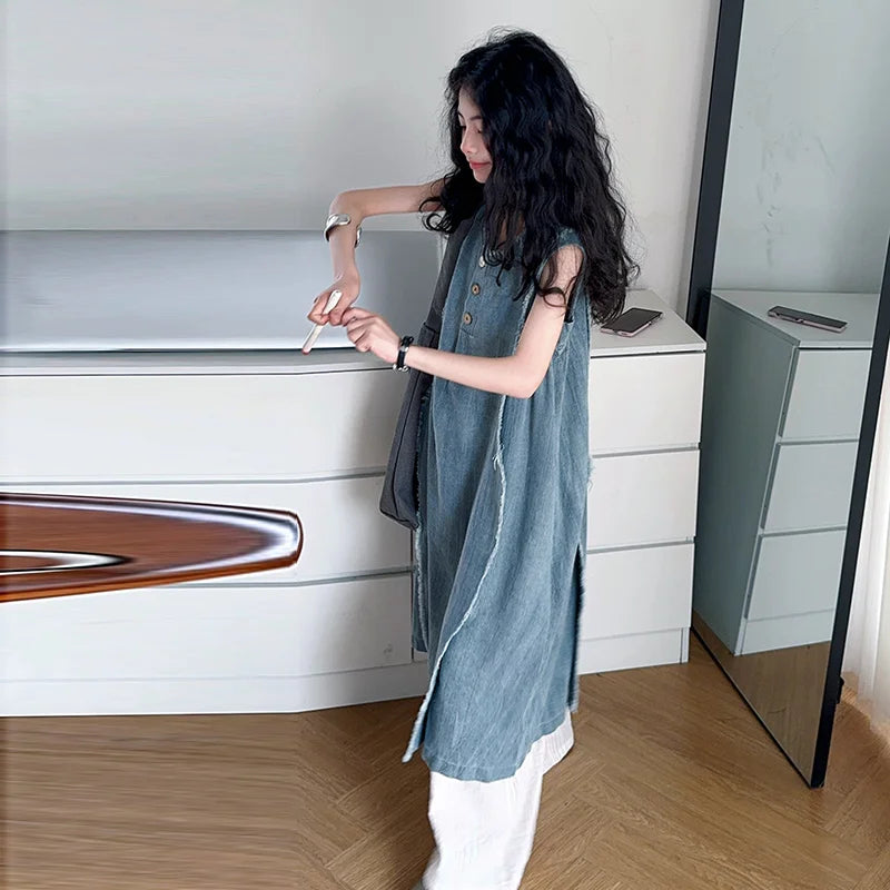 Loose Style Kids Luxury Summer Denim Dresses for Teenage Girl High Fashion Street Outfits Children Casual Sleeveless Jeans Dress