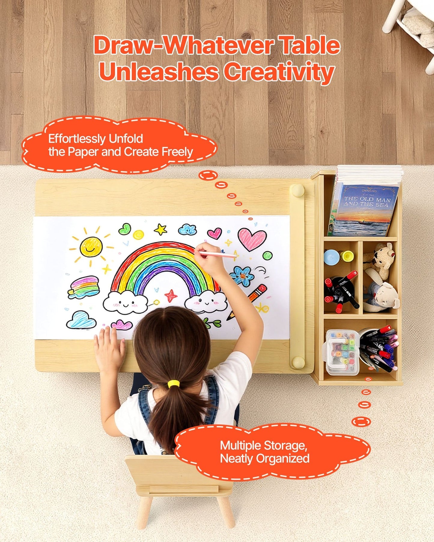 Kids Art Table And Chair Set, Toddler Craft Table With 3 Tiers Storage