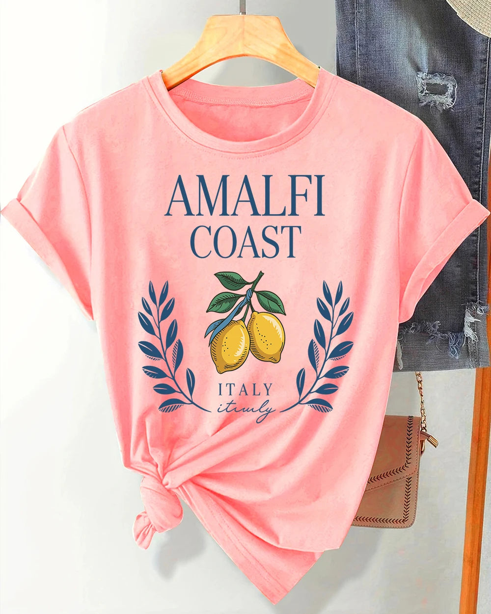 Amalfi Coast Lemon From Italy Printing Retro T-Shirts Women Breathable O-Neck Tee All-Match Soft Top Casual Female Short Sleeve
