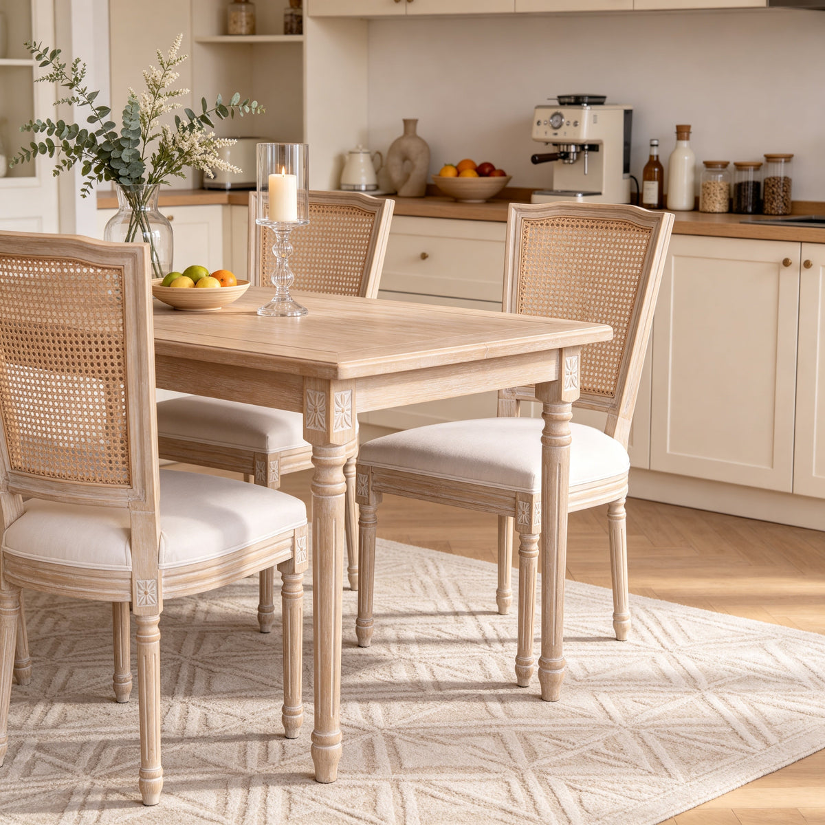 Dining Chairs Set of 2 with Rattan T-Backs and Beige Linen Seats,
