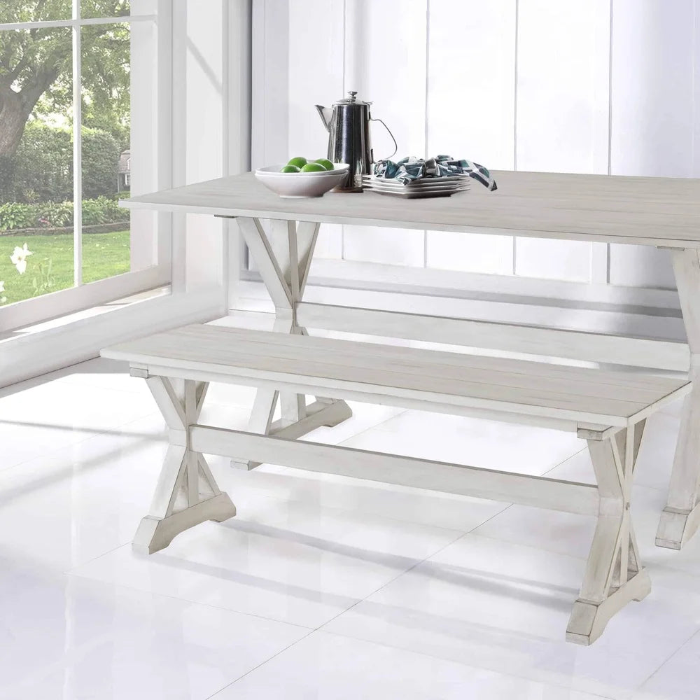Backless Wood Dining Bench 48in Antique White Finish Indoor Seating Solution Solid Wood Frame Easy Assembly 2 Guests Capacity