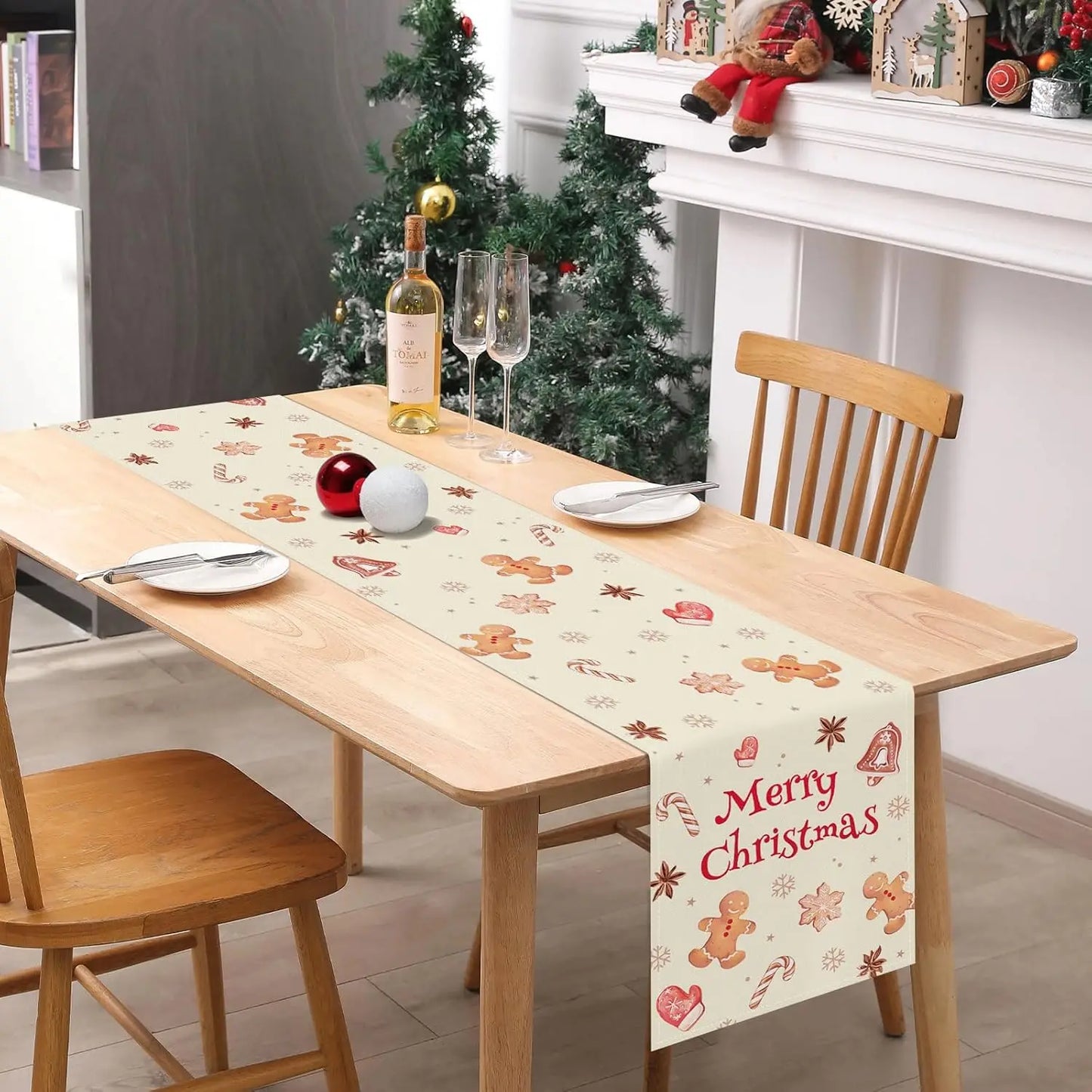 Christmas Gingerbread Xmas Cookie Linen Table Runners Seasonal Winter Holiday Party Dining Table Decor Navidad Decorations 2025