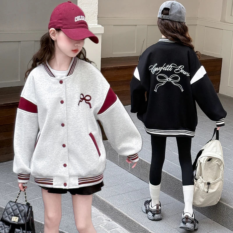 Kids Casual Spring Autumn Clothing Baseball Jacket with Bows for Girls Sports Baseball Shirt Coat Child Sporty Outerwear Tops