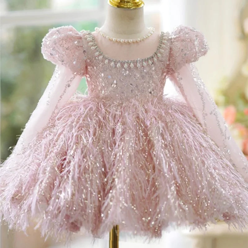 Fashion Baby Girl Princess Sequins Feather Dress Puffy Sleeve Toddler Child Pearl Vestido Party Birthday Baby Clothes 2-14Y