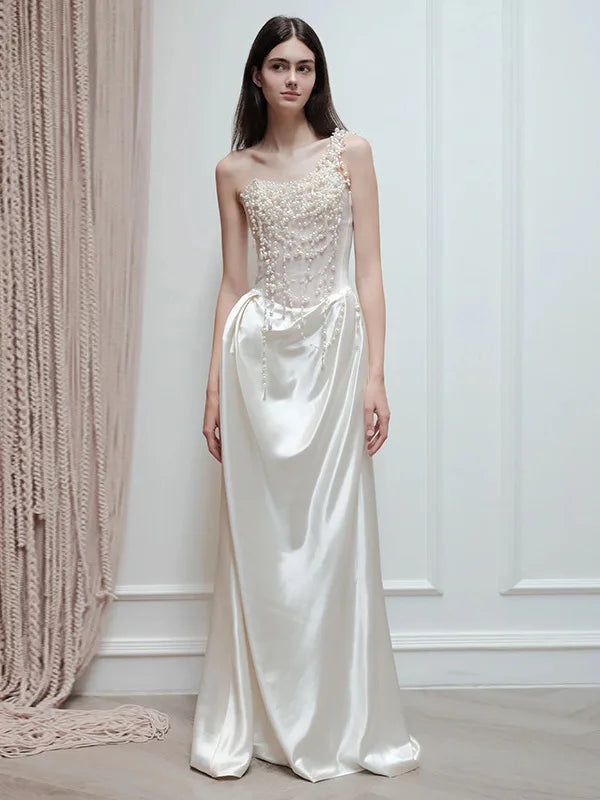 2025 French Strapless Evening Dress For Brides Niche Light Luxury Satin For Going Out Heavy Industry Pearl Light Wedding Dress